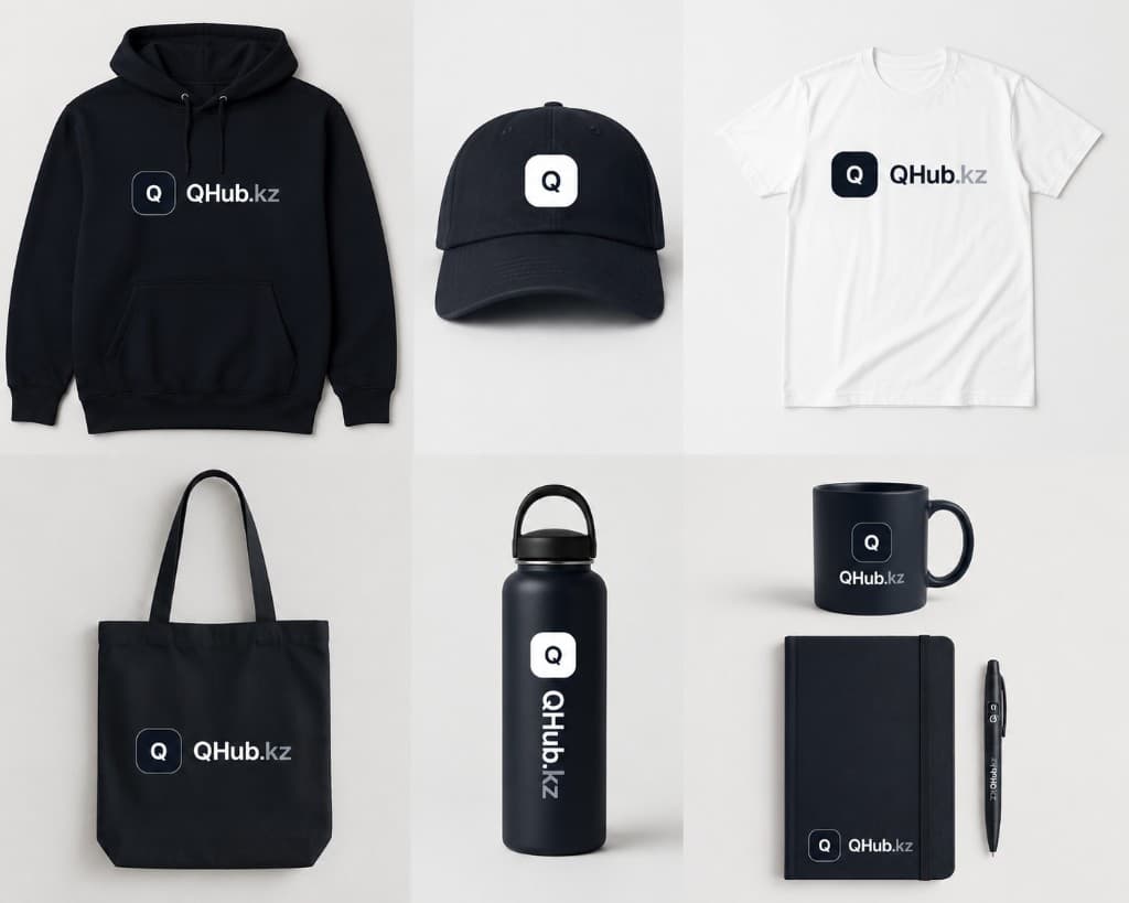 QHub.kz merch collection — hoodie, cap, t-shirt, tote bag, bottle, mug, notebook
